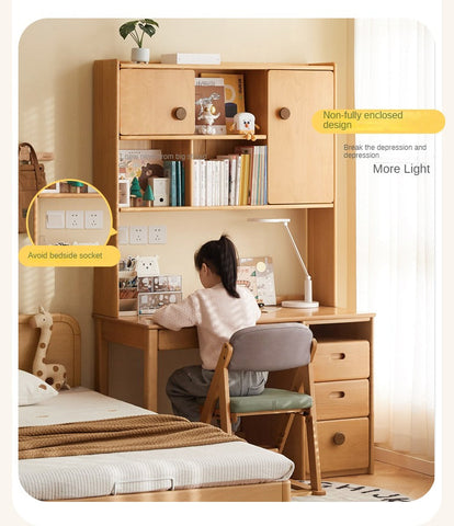 Beech Solid Wood Childrens Desk & Bookcase Natural Finish Study Table with Storage