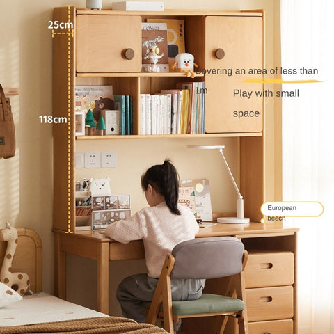 Beech Solid Wood Childrens Desk & Bookcase Natural Finish Study Table with Storage