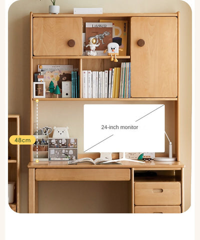 Beech Solid Wood Childrens Desk & Bookcase Natural Finish Study Table with Storage
