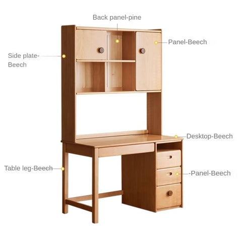 Beech Solid Wood Childrens Desk & Bookcase Natural Finish Study Table with Storage
