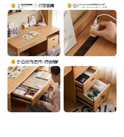 Beech Solid Wood Childrens Desk & Bookcase Natural Finish Study Table with Storage