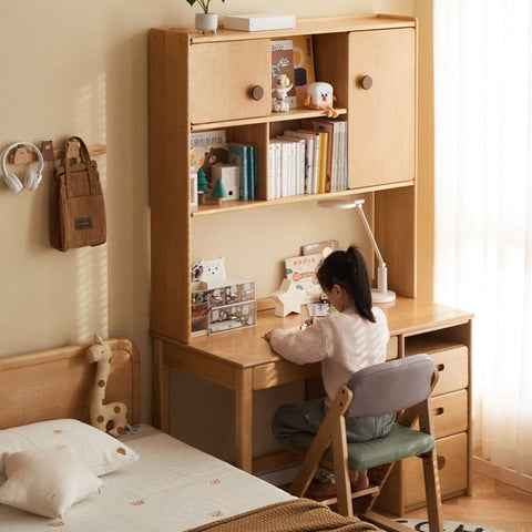Beech Solid Wood Childrens Desk & Bookcase Natural Finish Study Table with Storage