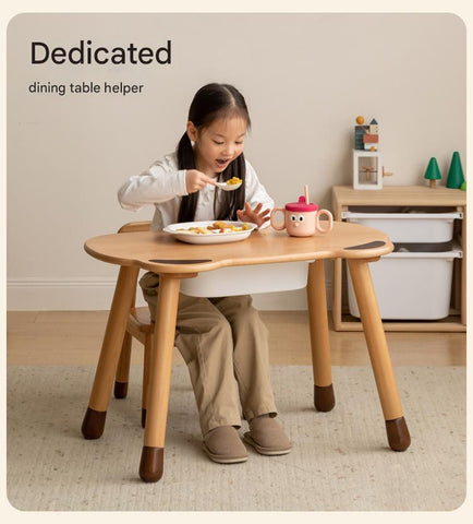 Beech Solid Wood Handmade Adjustable Height Bear Design Kids Table Natural Finish & Storage Drawers