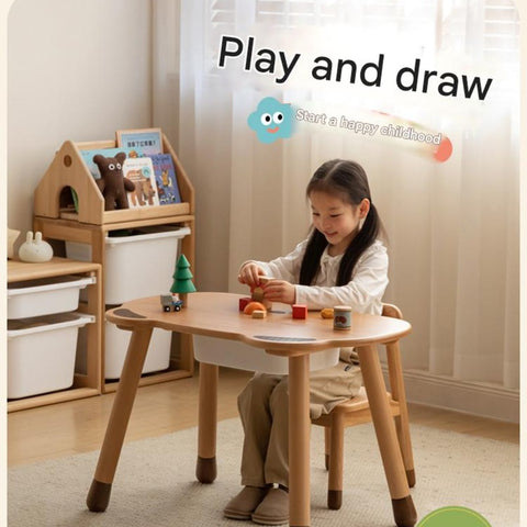 Beech Solid Wood Handmade Adjustable Height Bear Design Kids Table Natural Finish & Storage Drawers