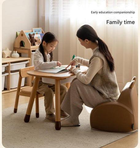 Beech Solid Wood Handmade Adjustable Height Bear Design Kids Table Natural Finish & Storage Drawers