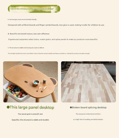 Beech Solid Wood Handmade Adjustable Height Bear Design Kids Table Natural Finish & Storage Drawers