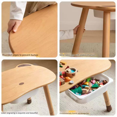 Beech Solid Wood Handmade Adjustable Height Bear Design Kids Table Natural Finish & Storage Drawers