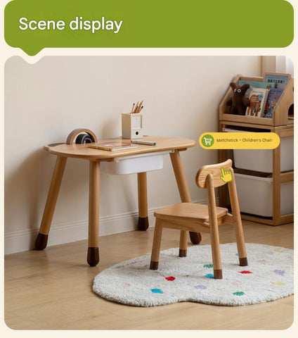 Beech Solid Wood Handmade Adjustable Height Bear Design Kids Table Natural Finish & Storage Drawers