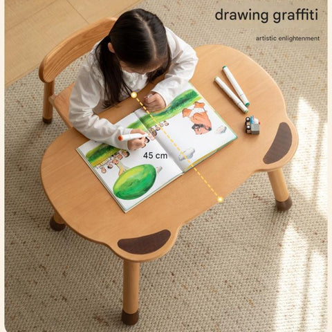 Beech Solid Wood Handmade Adjustable Height Bear Design Kids Table Natural Finish & Storage Drawers