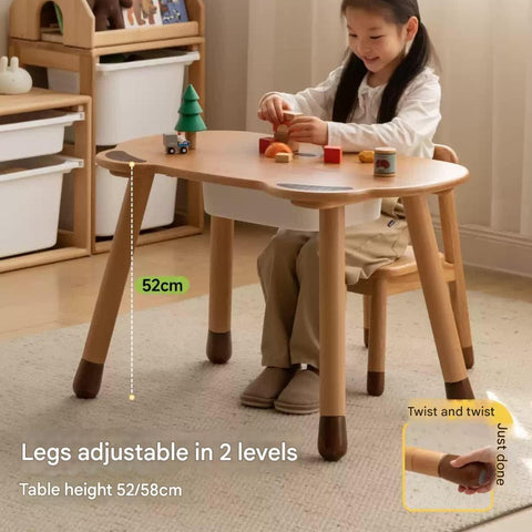 Beech Solid Wood Handmade Adjustable Height Bear Design Kids Table Natural Finish & Storage Drawers