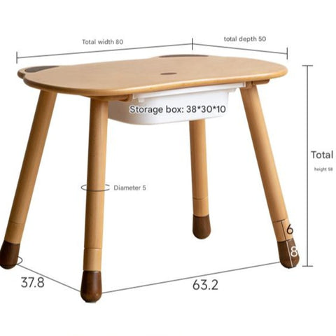 Beech Solid Wood Handmade Adjustable Height Bear Design Kids Table Natural Finish & Storage Drawers