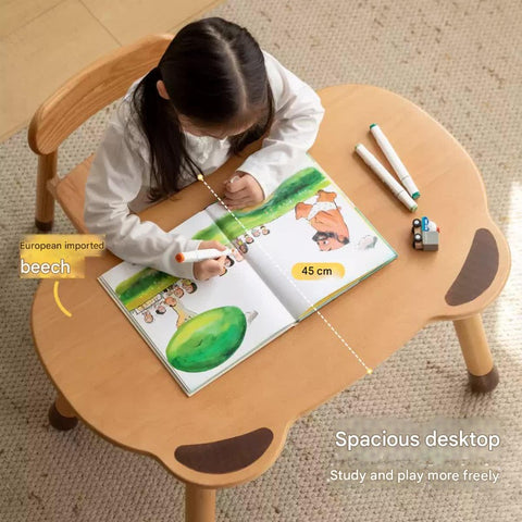Beech Solid Wood Handmade Adjustable Height Bear Design Kids Table Natural Finish & Storage Drawers