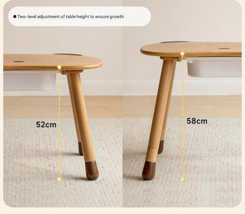 Beech Solid Wood Handmade Adjustable Height Bear Design Kids Table Natural Finish & Storage Drawers