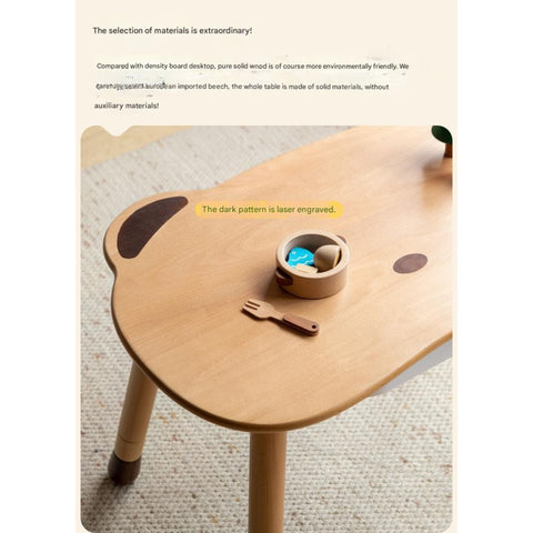 Beech Solid Wood Handmade Adjustable Height Bear Design Kids Table Natural Finish & Storage Drawers