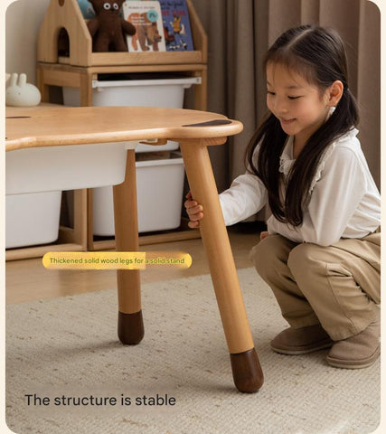Beech Solid Wood Handmade Adjustable Height Bear Design Kids Table Natural Finish & Storage Drawers