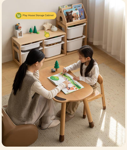 Beech Solid Wood Handmade Adjustable Height Bear Design Kids Table Natural Finish & Storage Drawers