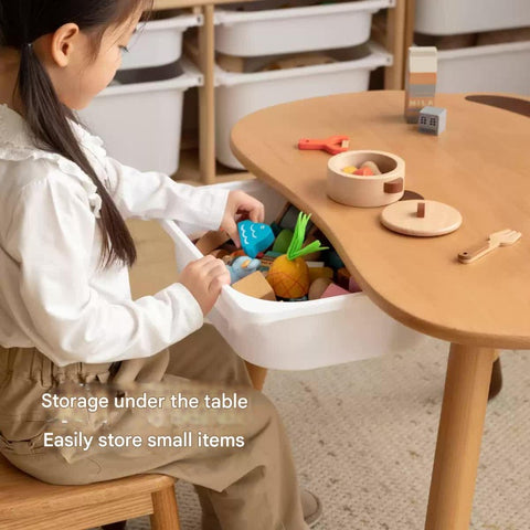 Beech Solid Wood Handmade Adjustable Height Bear Design Kids Table Natural Finish & Storage Drawers