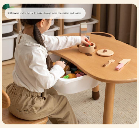 Beech Solid Wood Handmade Adjustable Height Bear Design Kids Table Natural Finish & Storage Drawers