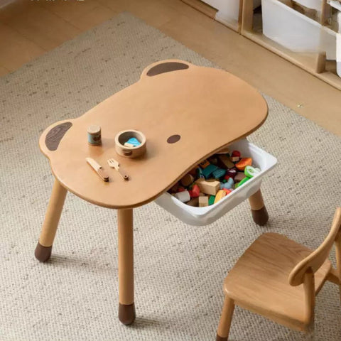 Beech Solid Wood Handmade Adjustable Height Bear Design Kids Table Natural Finish & Storage Drawers