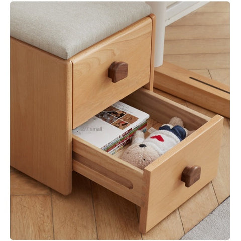 Beech Solid Wood Kids Storage Stool Natural Oak Finish with Cushioned Seat Lift Up & Pull Out Drawer