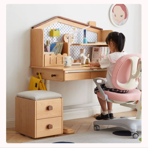 Beech Solid Wood Kids Storage Stool Natural Oak Finish with Cushioned Seat Lift Up & Pull Out Drawer