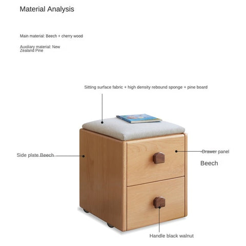 Beech Solid Wood Kids Storage Stool Natural Oak Finish with Cushioned Seat Lift Up & Pull Out Drawer