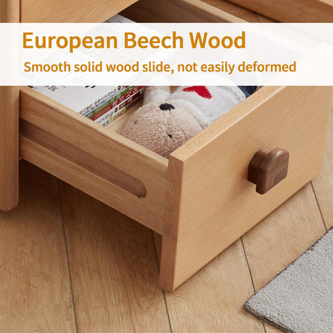 Beech Solid Wood Kids Storage Stool Natural Oak Finish with Cushioned Seat Lift Up & Pull Out Drawer