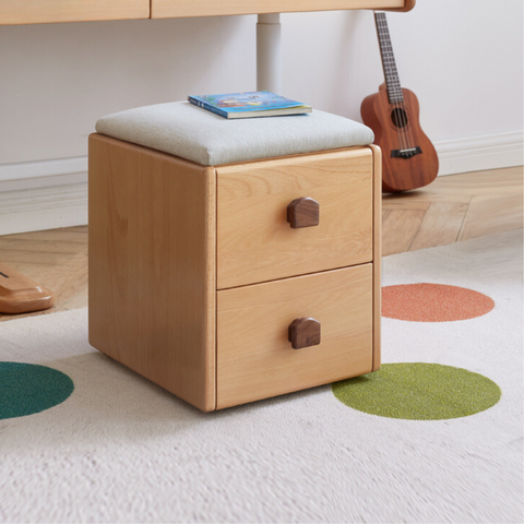Beech Solid Wood Kids Storage Stool Natural Oak Finish with Cushioned Seat Lift Up & Pull Out Drawer