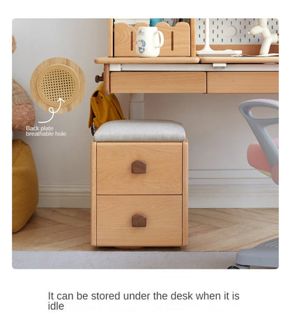 Beech Solid Wood Kids Storage Stool Natural Oak Finish with Cushioned Seat Lift Up & Pull Out Drawer
