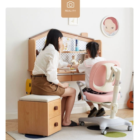 Beech Solid Wood Kids Storage Stool Natural Oak Finish with Cushioned Seat Lift Up & Pull Out Drawer