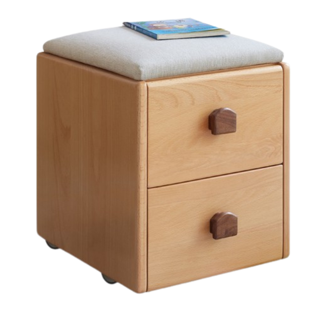 Beech Solid Wood Kids Storage Stool Natural Oak Finish with Cushioned Seat Lift Up & Pull Out Drawer