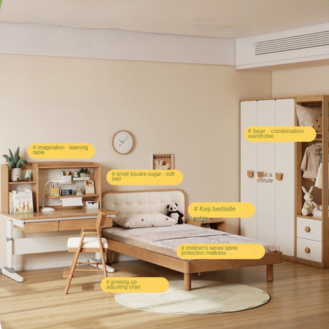 Beech Solid Wood Montessori Bedroom Furniture Set Natural Kids Bed with Storage Eco Friendly