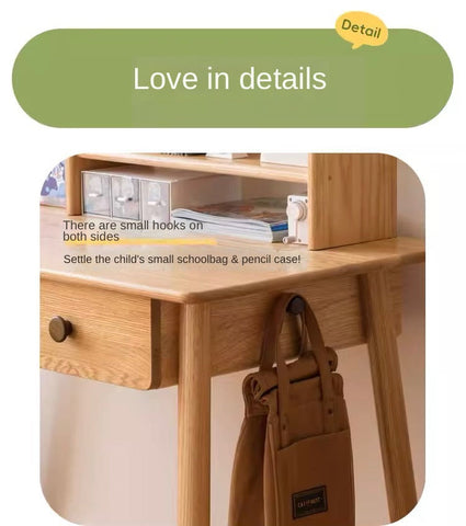 Oak Solid Wood Adjustable Study Desk for Kids Natural Finish Height Adjustable Writing Table