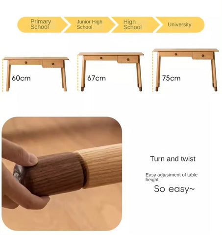 Oak Solid Wood Adjustable Study Desk for Kids Natural Finish Height Adjustable Writing Table