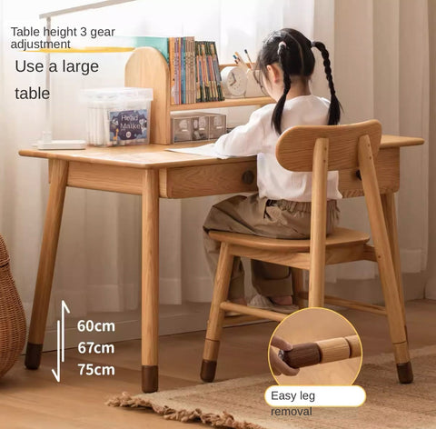 Oak Solid Wood Adjustable Study Desk for Kids Natural Finish Height Adjustable Writing Table