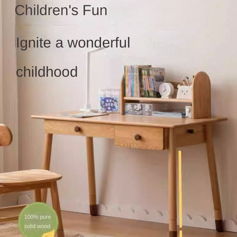 Oak Solid Wood Adjustable Study Desk for Kids Natural Finish Height Adjustable Writing Table
