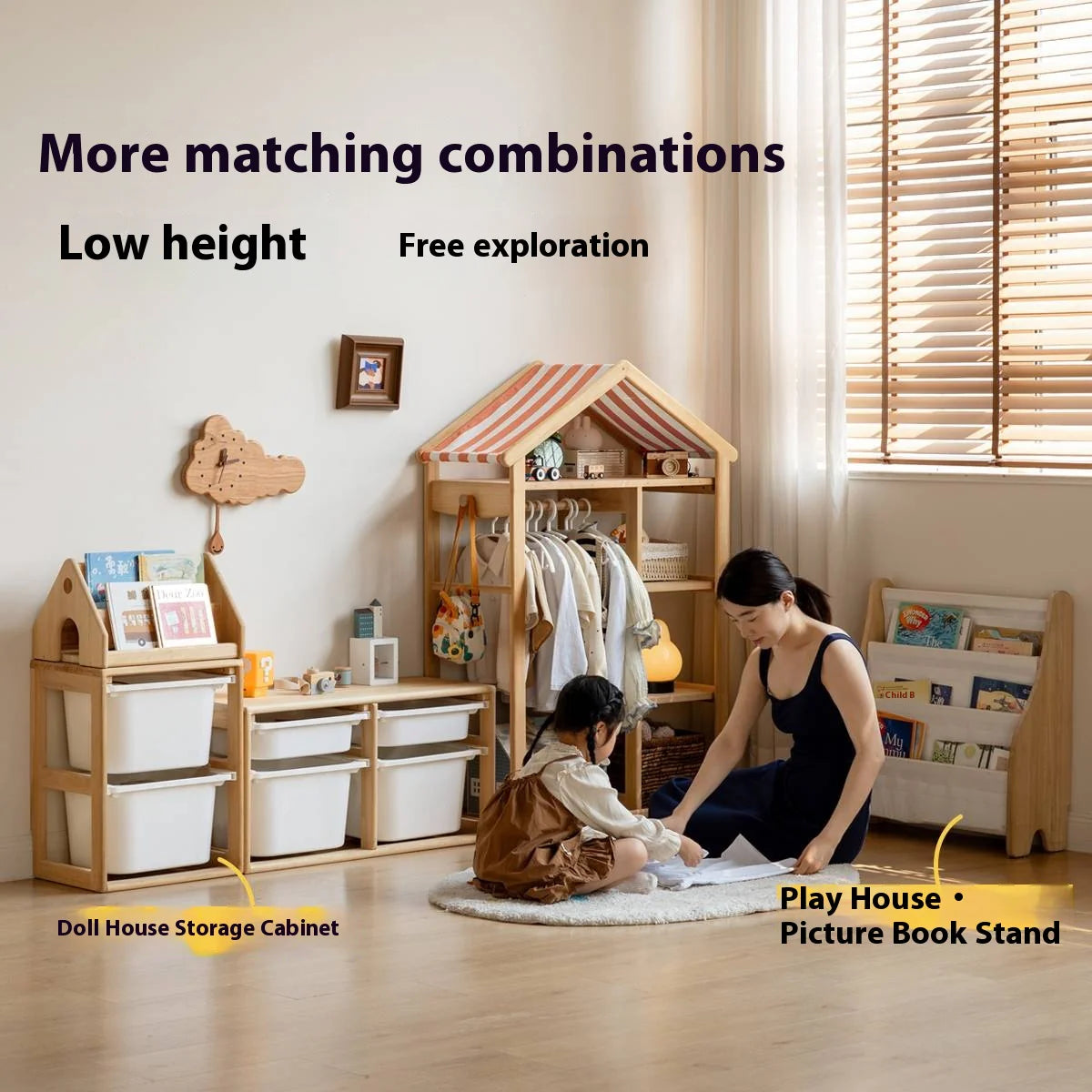 Poplar Solid Wood Kids Toy Storage and Wardrobe