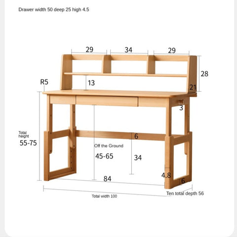 Beech Solid Wood Adjustable Kids Study Desk Ergonomic Table with Storage Drawers Natural Finish