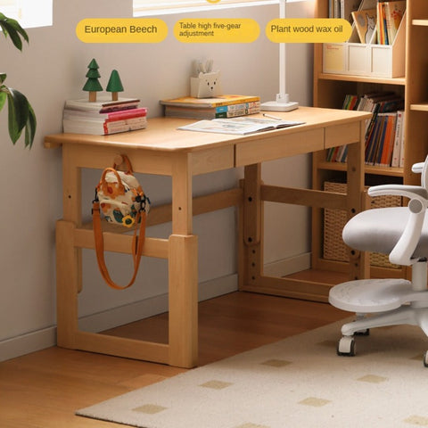 Beech Solid Wood Adjustable Kids Study Desk Ergonomic Table with Storage Drawers Natural Finish