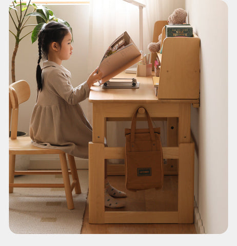Beech Solid Wood Adjustable Kids Study Desk Ergonomic Table with Storage Drawers Natural Finish