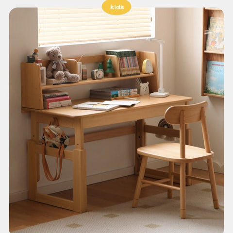 Beech Solid Wood Adjustable Kids Study Desk Ergonomic Table with Storage Drawers Natural Finish