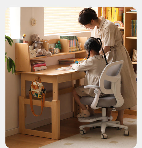 Beech Solid Wood Adjustable Kids Study Desk Ergonomic Table with Storage Drawers Natural Finish