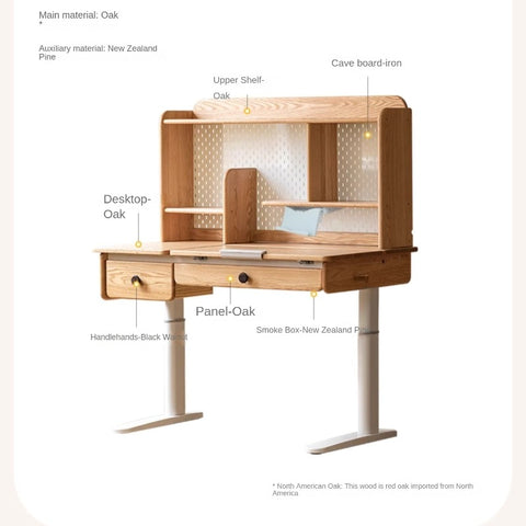 Oak Solid Wood Adjustable Children Study Table Natural Finish Ergonomic Desk with Hand Crank & Storage