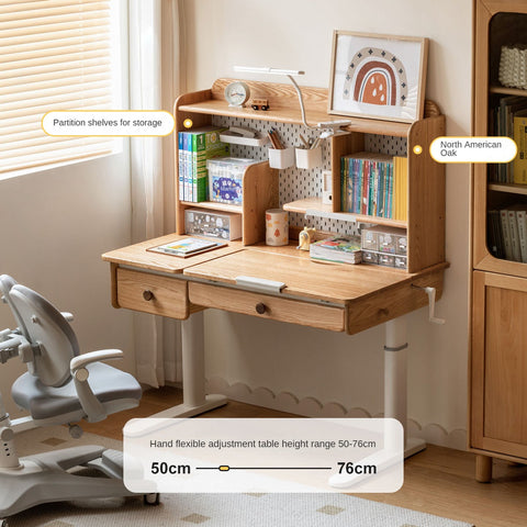 Oak Solid Wood Adjustable Children Study Table Natural Finish Ergonomic Desk with Hand Crank & Storage