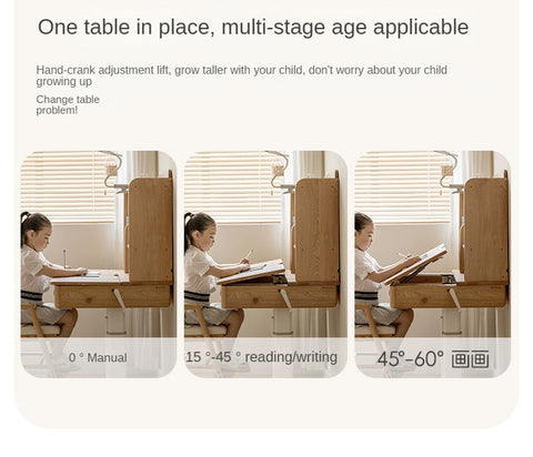 Oak Solid Wood Adjustable Children Study Table Natural Finish Ergonomic Desk with Hand Crank & Storage