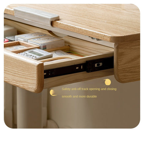 Oak Solid Wood Adjustable Children Study Table Natural Finish Ergonomic Desk with Hand Crank & Storage