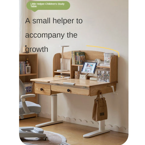Oak Solid Wood Adjustable Children Study Table Natural Finish Ergonomic Desk with Hand Crank & Storage