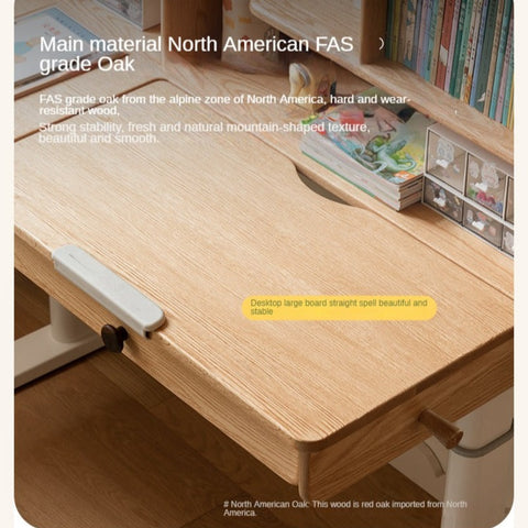 Oak Solid Wood Adjustable Children Study Table Natural Finish Ergonomic Desk with Hand Crank & Storage