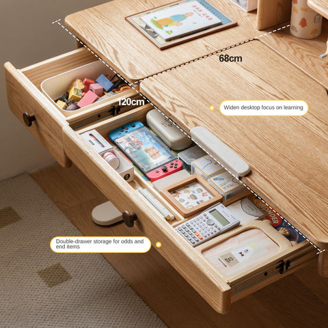 Oak Solid Wood Adjustable Children Study Table Natural Finish Ergonomic Desk with Hand Crank & Storage