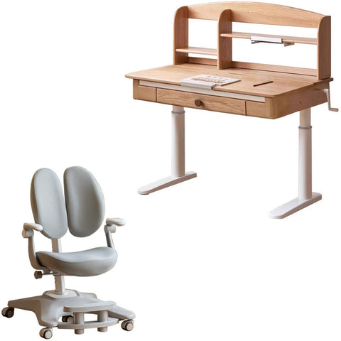Oak Solid Wood Adjustable Children Study Table Natural Finish Ergonomic Desk with Hand Crank & Storage